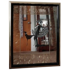 Large Erte Design Mirror Titled Symphony in Black Art Deco Gold and Black Detail