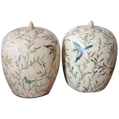 Pair of Porcelain Asian Inspired Decoupage Urns Bluebird's and Butterfly's