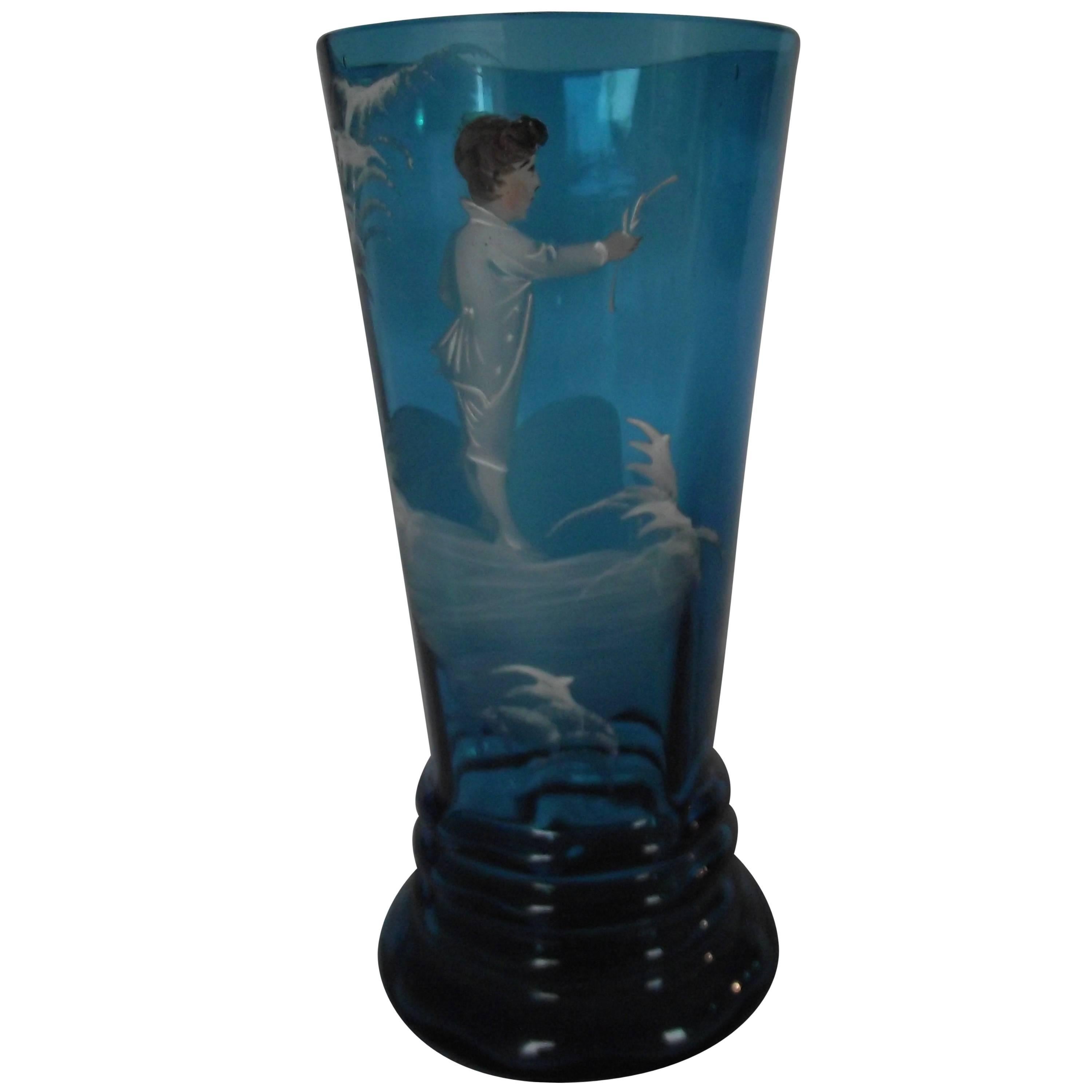 Mary Gregory Vase, Blue Glass Hand-Painted Enamel Scene Featuring Young Boy For Sale