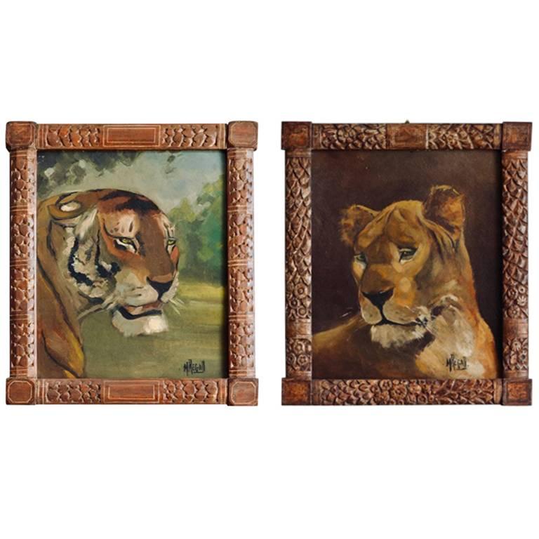 Pair of Tiger and Lion Art Deco Framed Paintings For Sale