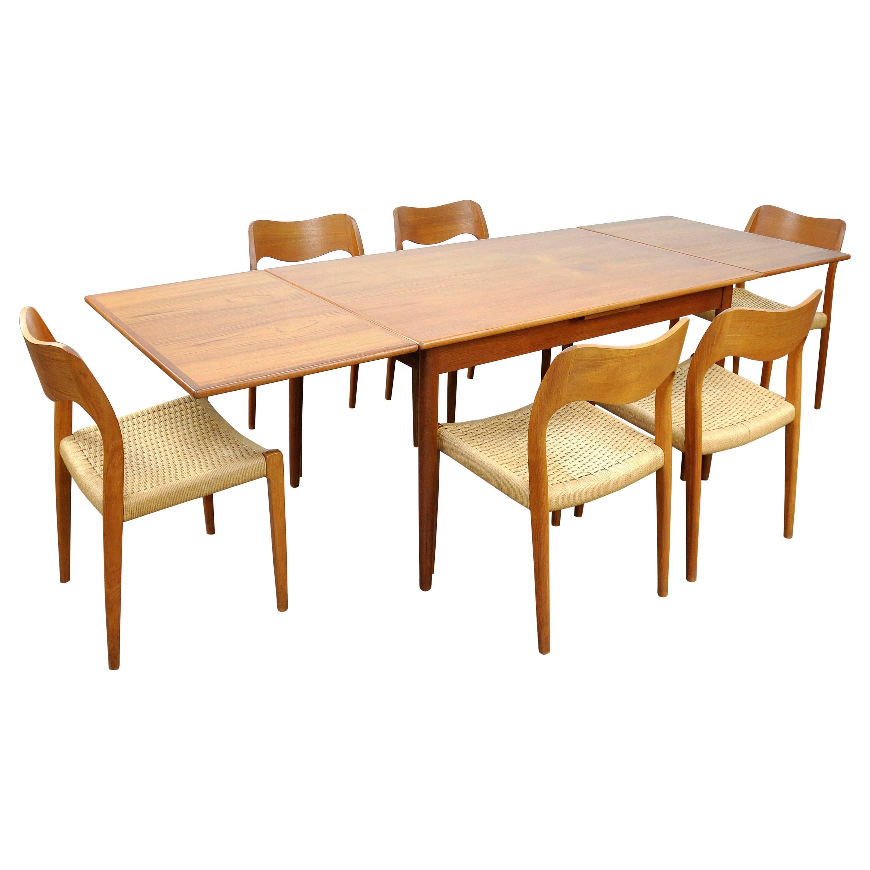 Danish Modern Teak Dining Set with Six Moller Model #71 Chairs