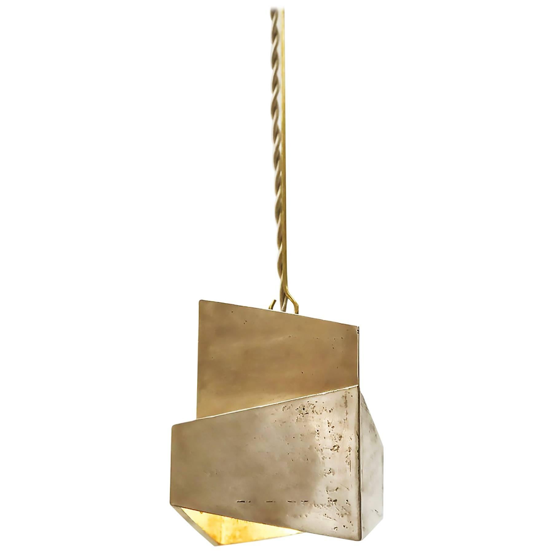 Decade Solid Cast Bronze Raw Polished Pendant Indoor/Outdoor Square Lantern For Sale