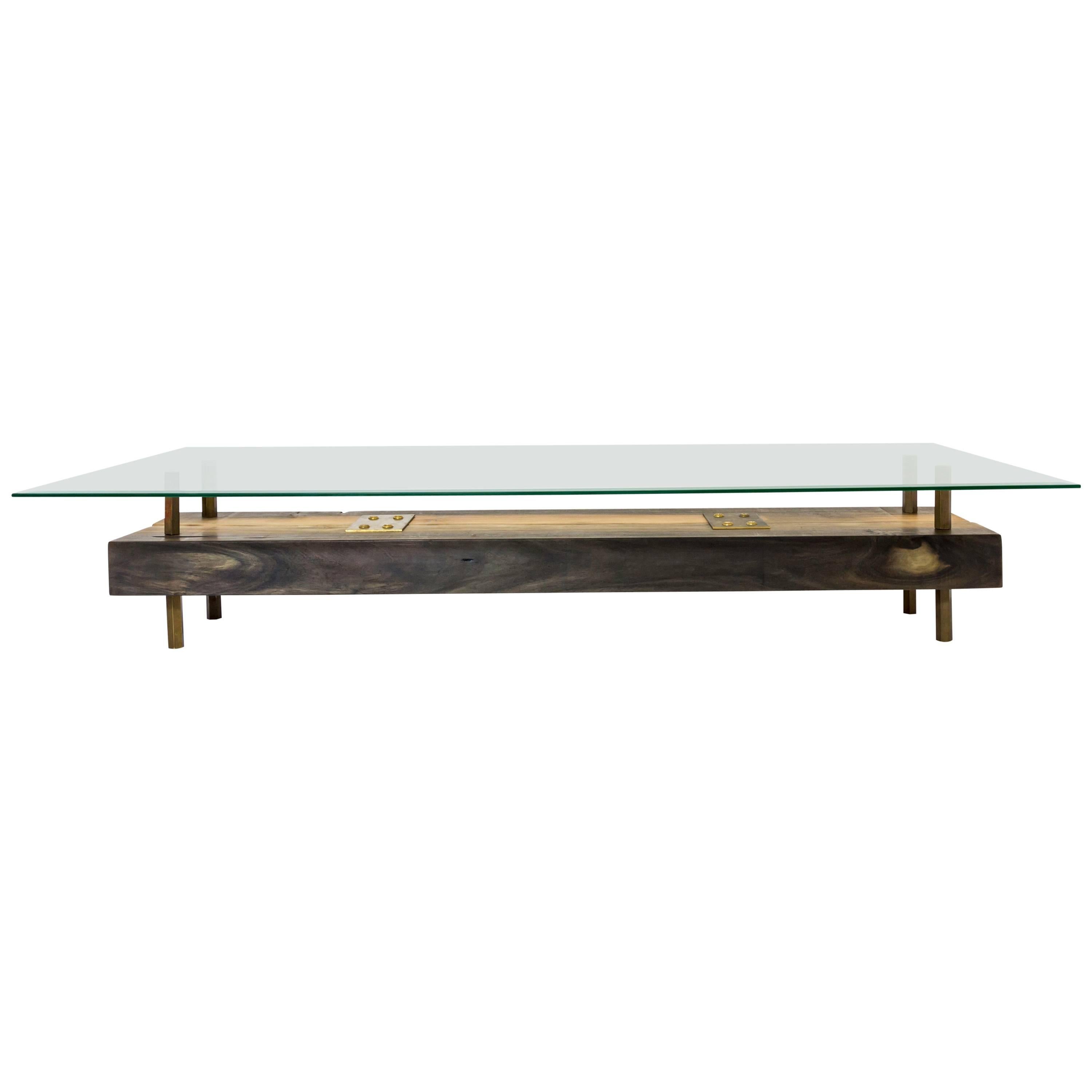 Rectangular Connection of Mahoe Wood, Brass Legs & Glass Cocktail, Coffee Table