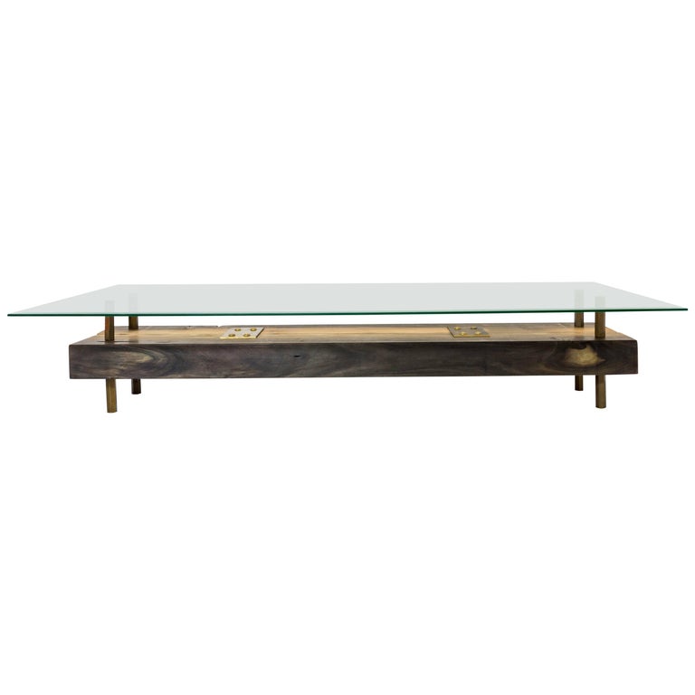 Rectangular Connection of Mahoe Wood, Brass Legs and Glass Cocktail, Coffee Table at 1stDibs