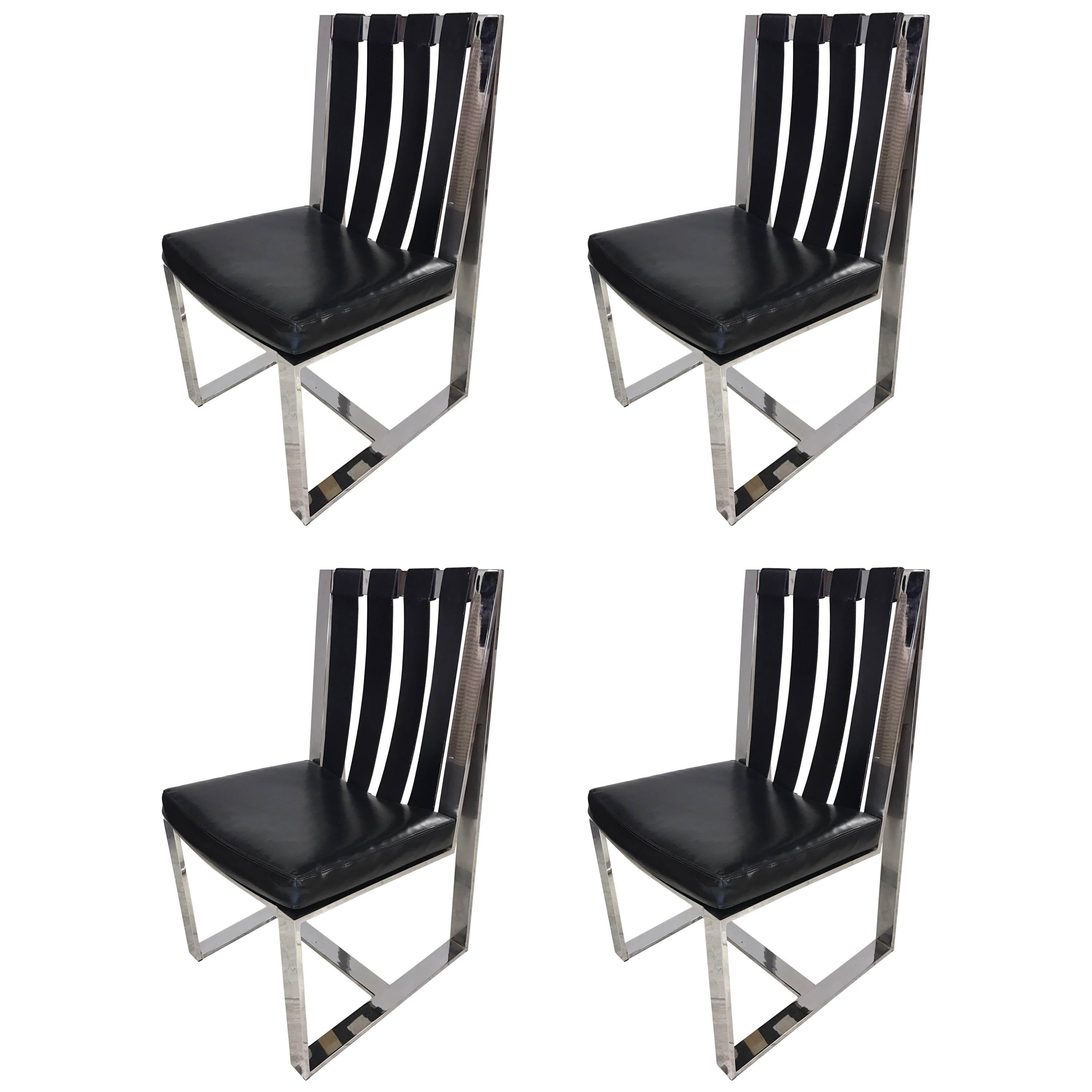 Set of Four Milo Baughman for Thayer Coggin Midcentury Chrome & Leather Chairs