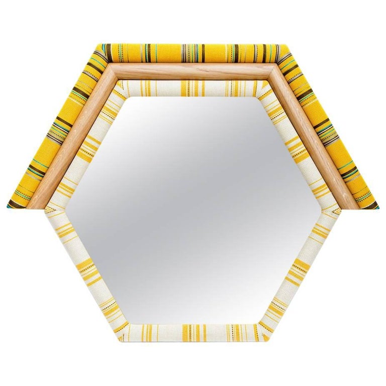 Contemporary Handcrafted American White Oak Yellow Pontiac Hexagon Pontiac Mirror Upholstered Hexagon Shaped In Kvadrat Fabric