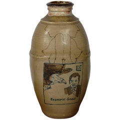 Large 1970s Studio Ceramic Vase with Surreal Graphics California Craft