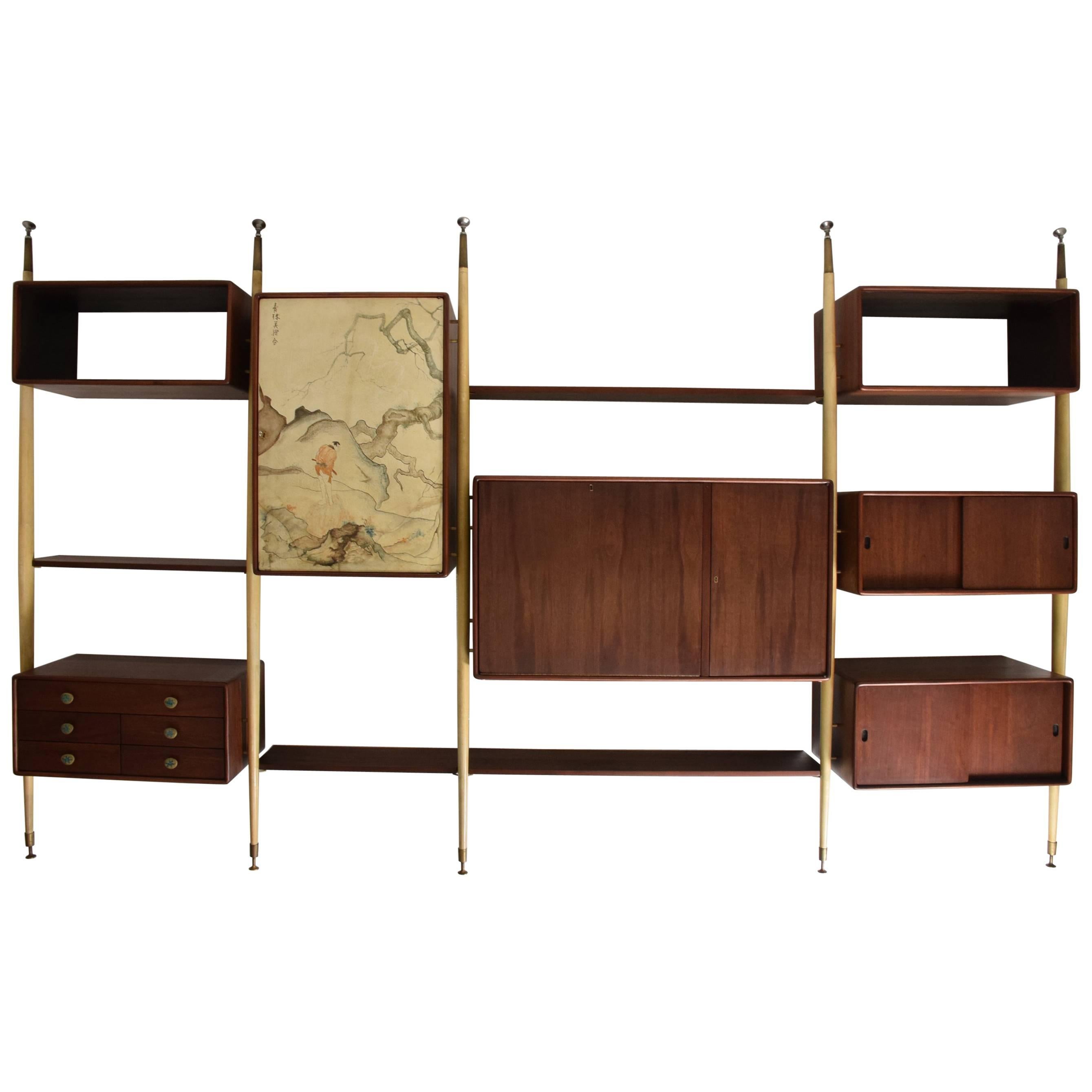 Monumental Mexican Modernist Wall Unit in Solid Mahogany and Goatskin