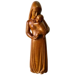 Soviet Midcentury Elm Wood Carving of Madonna and Child