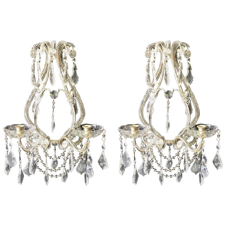 Pair of Beaded Crystal Candle Sconces For Sale at 1stDibs