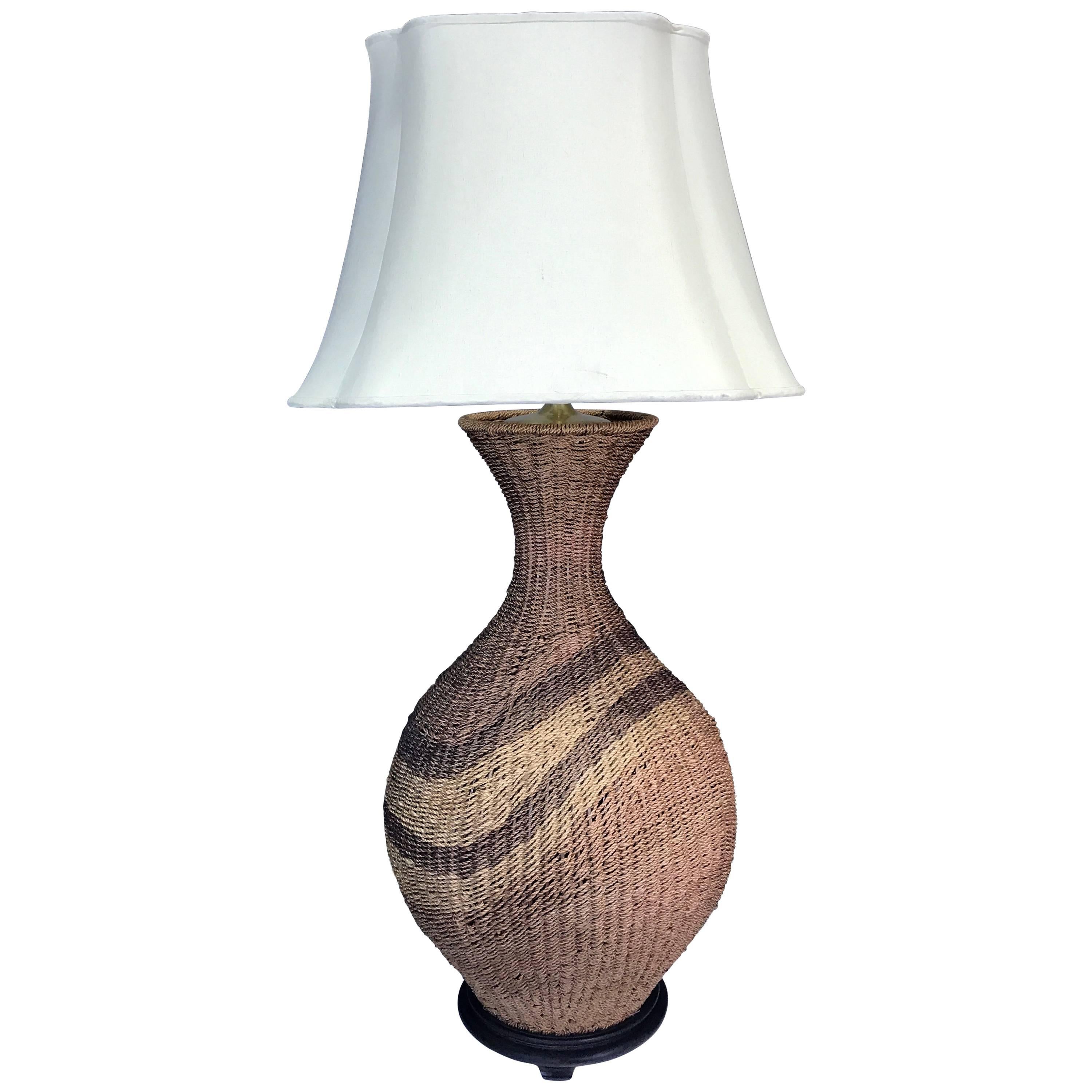 Huge Mod Polychromed Rattan Patterned Lamp For Sale