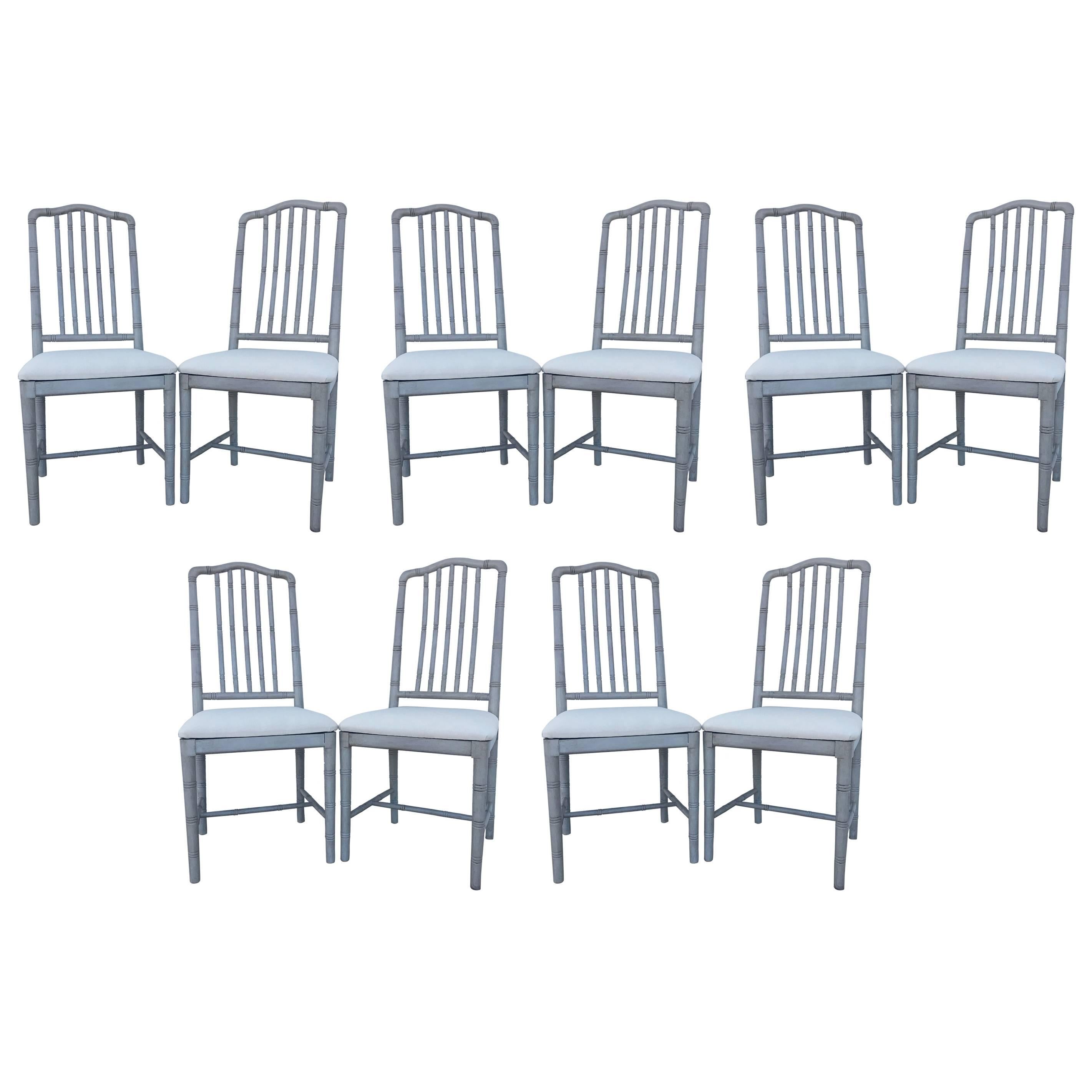 Ten Regency Style Gray Painted Faux Bamboo Dining Chairs