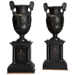 Pair of 19th Century Grand Tour Style Bronze 'Townley Vases' on Slate Plinths