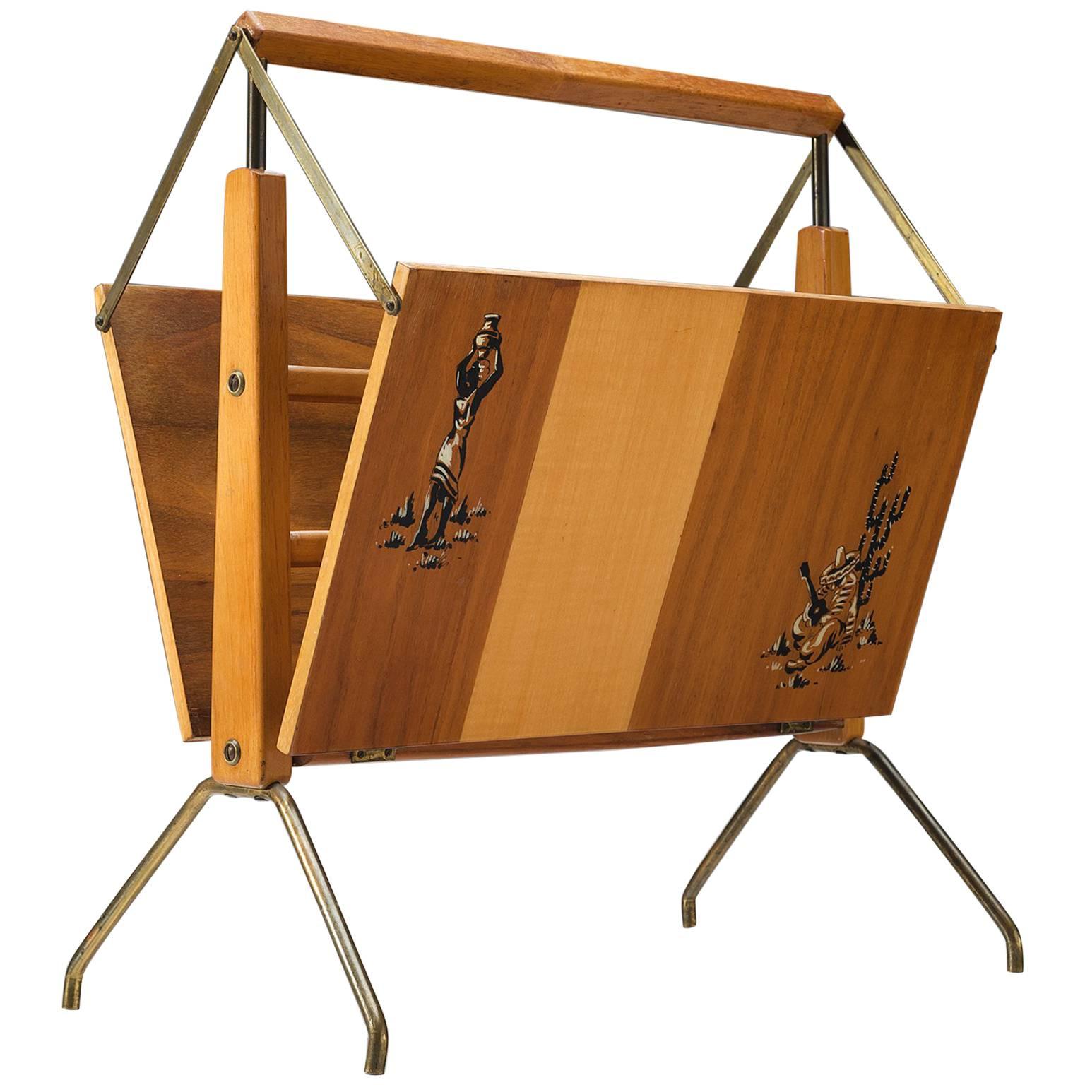 Foldable Magazine Rack Made of Wood and Brass
