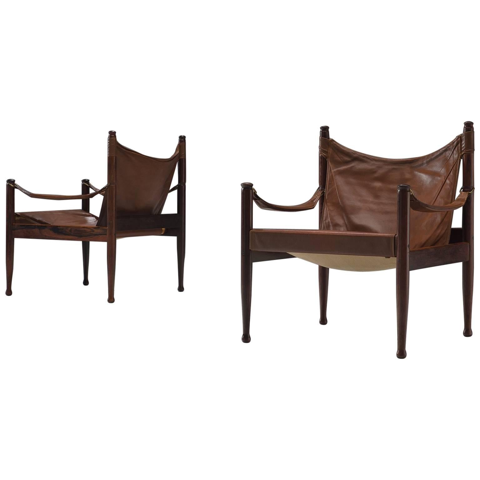 Erik Wørts Set of Two Safari Lounge Chairs in Rosewood and Brown Leather