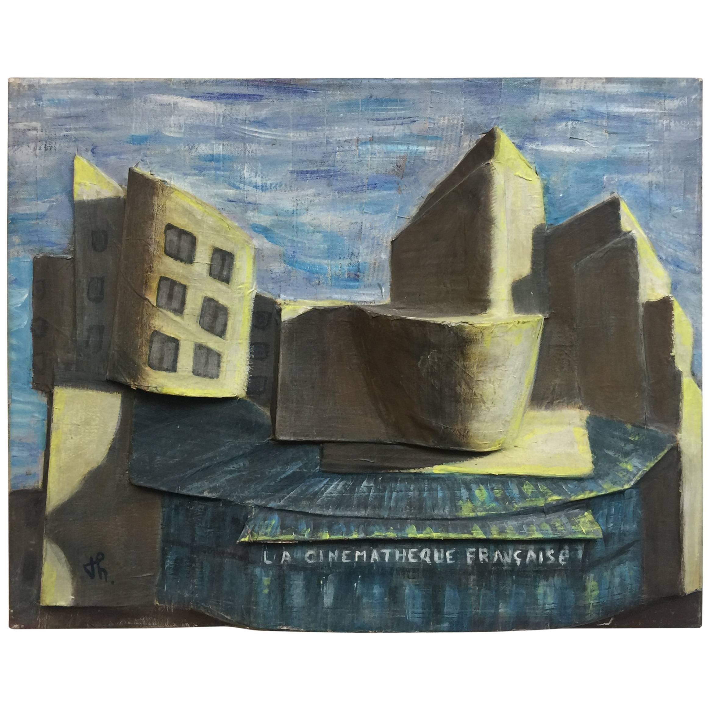 « La cinémathéque française », huile sur toile avec relief, vers 1950, signée TH