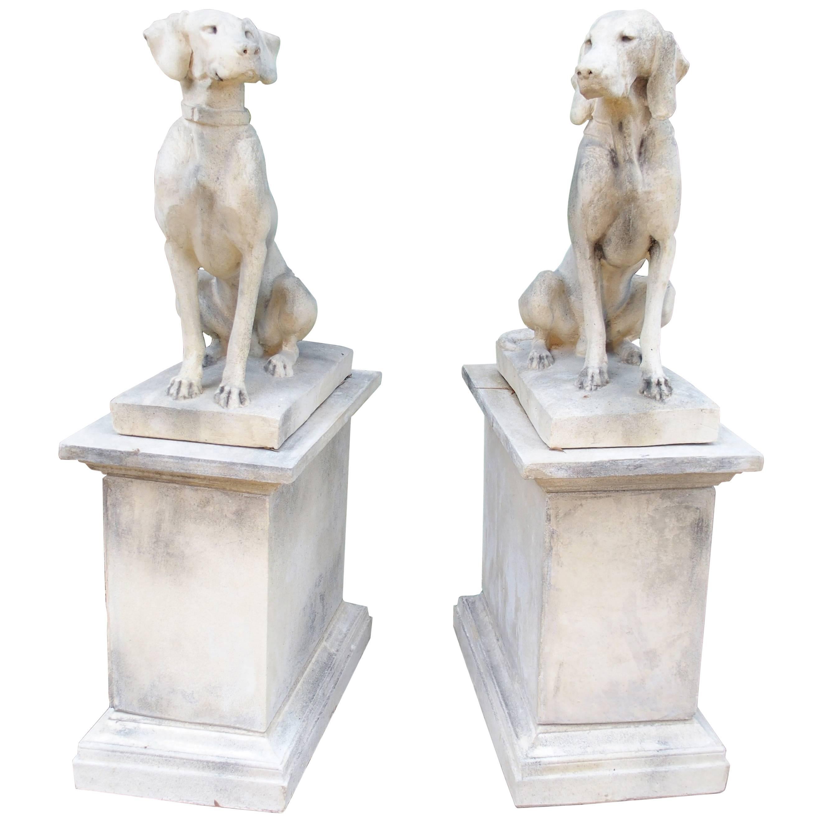 Pair of Cast Stone Pointers on Pedestals