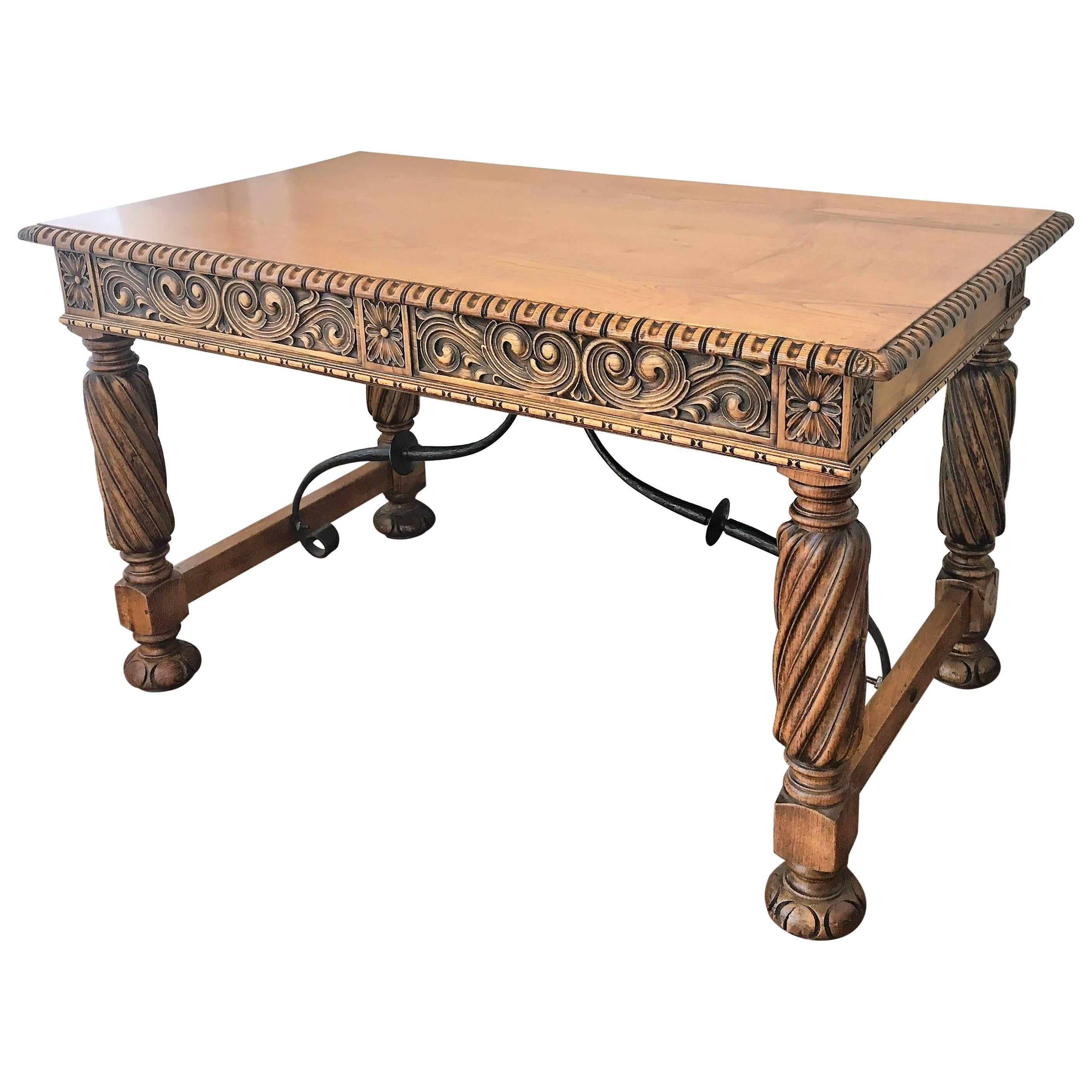 19th Century Pine and Wrought Iron Desk with Three Drawers with Turning Legs