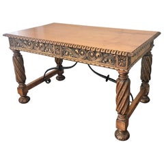 19th Century Pine and Wrought Iron Desk with Three Drawers with Turning Legs