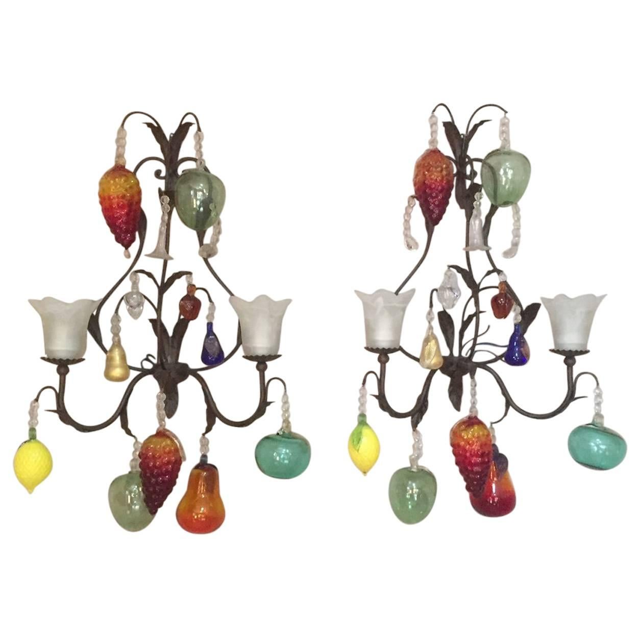 Pair of Italian Decorative Fruits Murano Glass Wall Lamps, 1980s