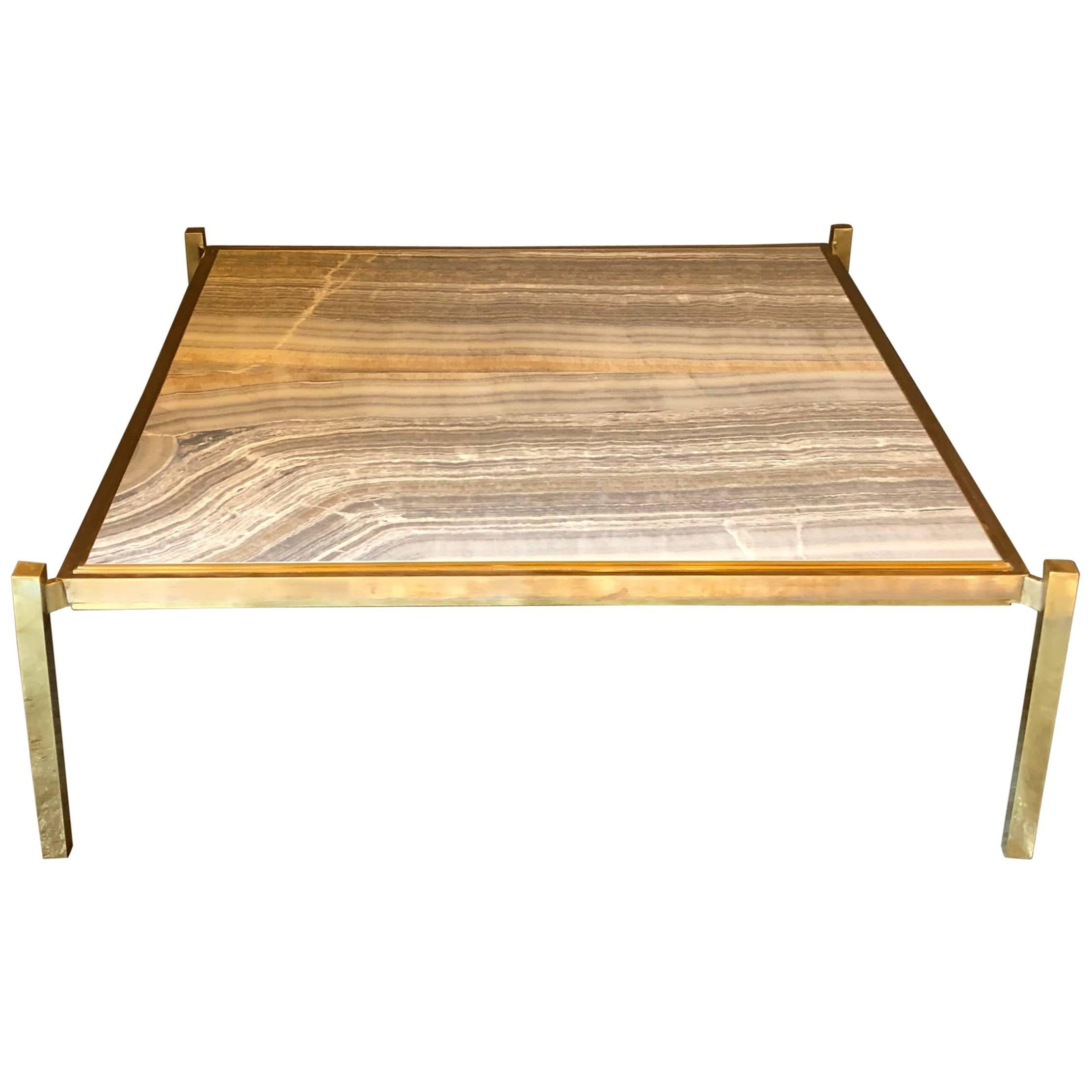 Late 20th Century Italian Brass and Grey/Beige Onyx Coffee Table