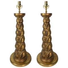 Pair of Italian Giltwood Acanthus Columnar Lamps