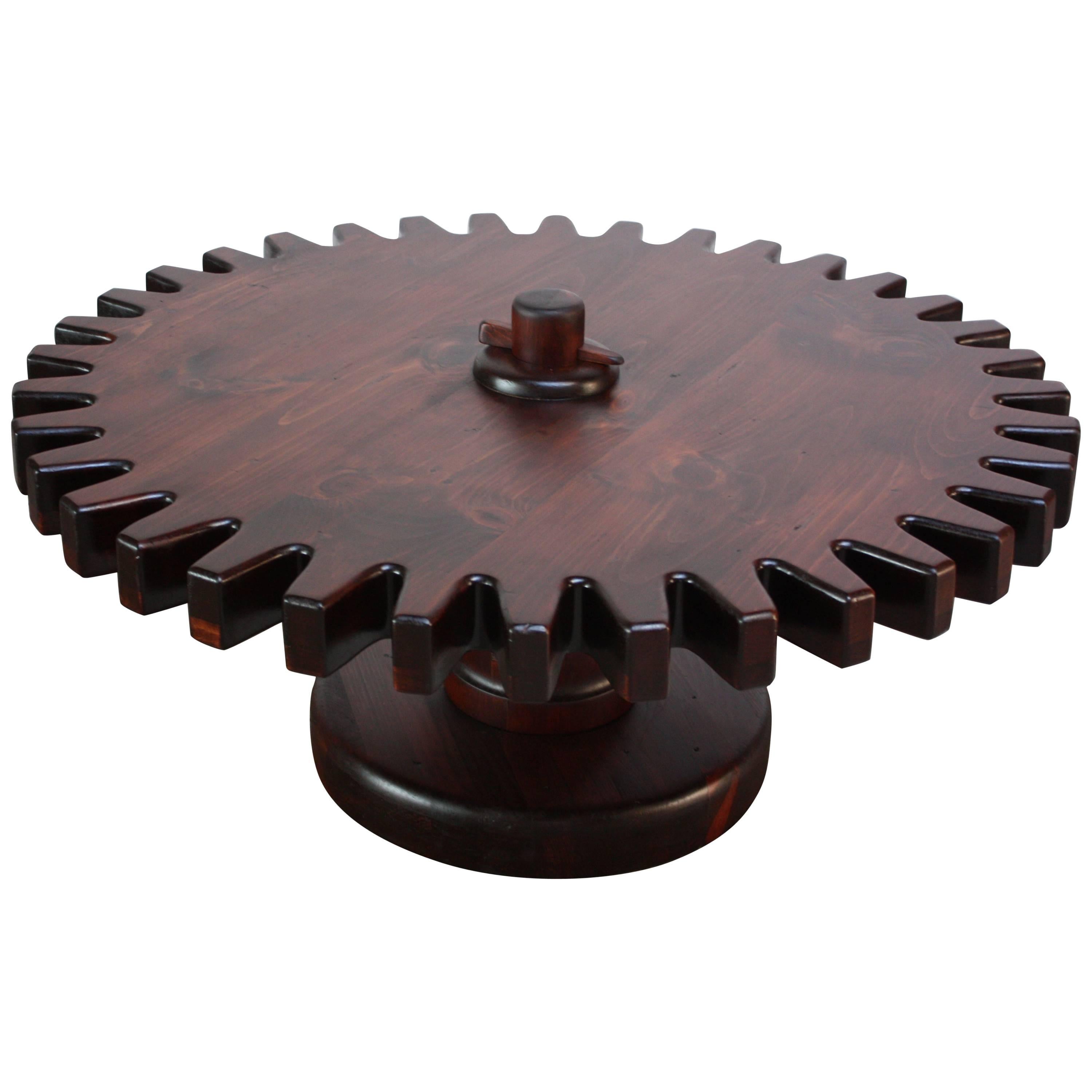 Rustic 'Cog' Swiveling Coffee Table in Stained Pine