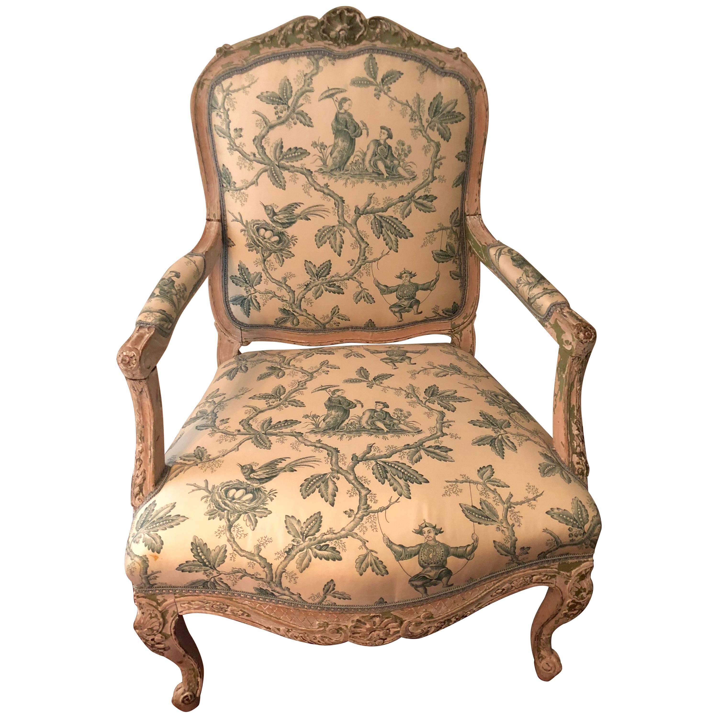 Stately Louis XVI Style Chinoiserie Upholstered Armchair