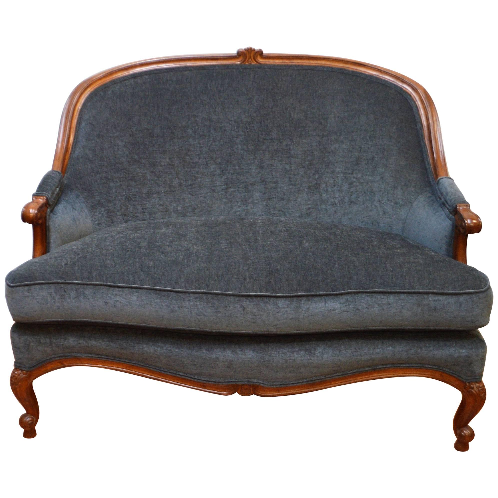 Louis XV Style Walnut Settee, Canape, Newly Upholstered in a Blue/Grey Chenille