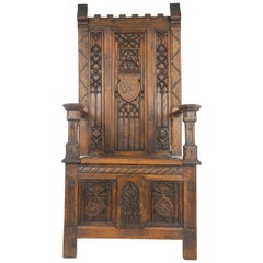Antique Hall Chair, Carved Oak Bench, Gothic Chair, France, 1890