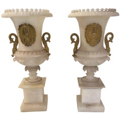 Antique Magnificent Pair of Alabaster and Bronze Fancy French Urns