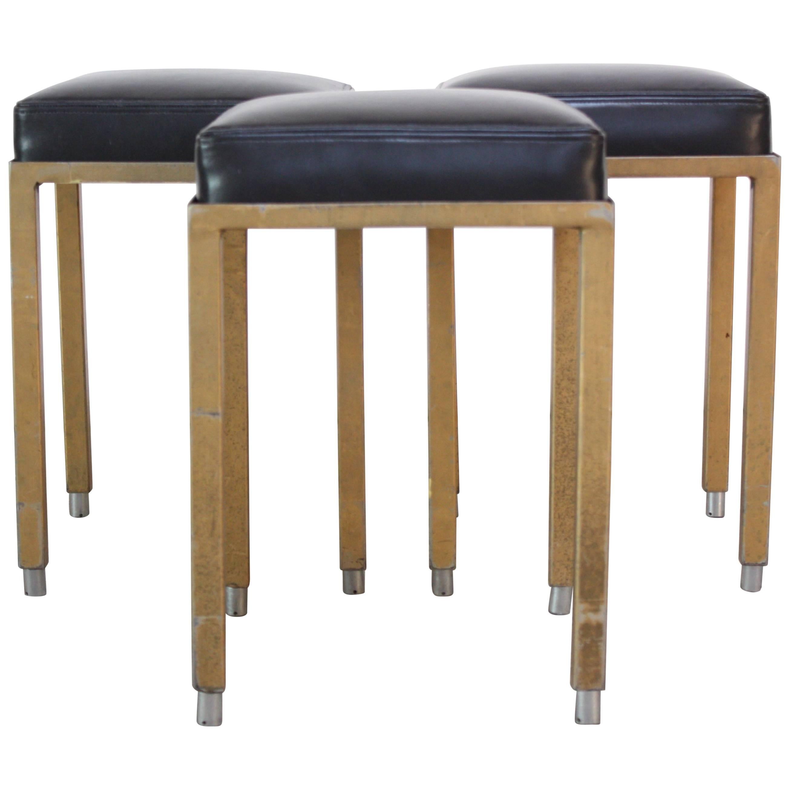 Set of Three Midcentury Industrial Leather and Painted Steel Stools