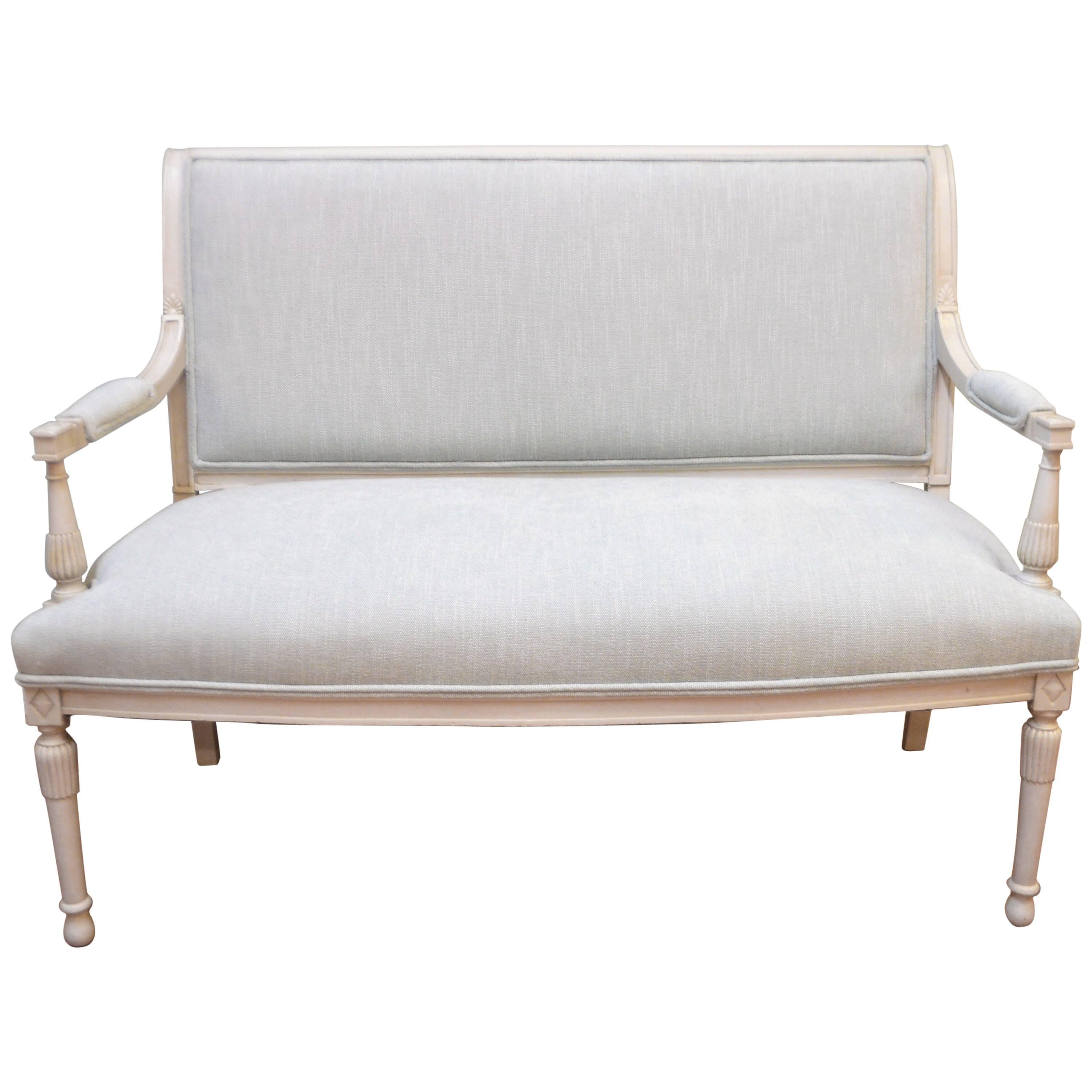 Gustavian Style Painted Settee, Canape, Newly Upholstered in a Light Blue Linen