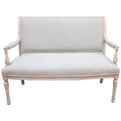 Gustavian Style Painted Settee, Canape, Newly Upholstered in a Light Blue Linen