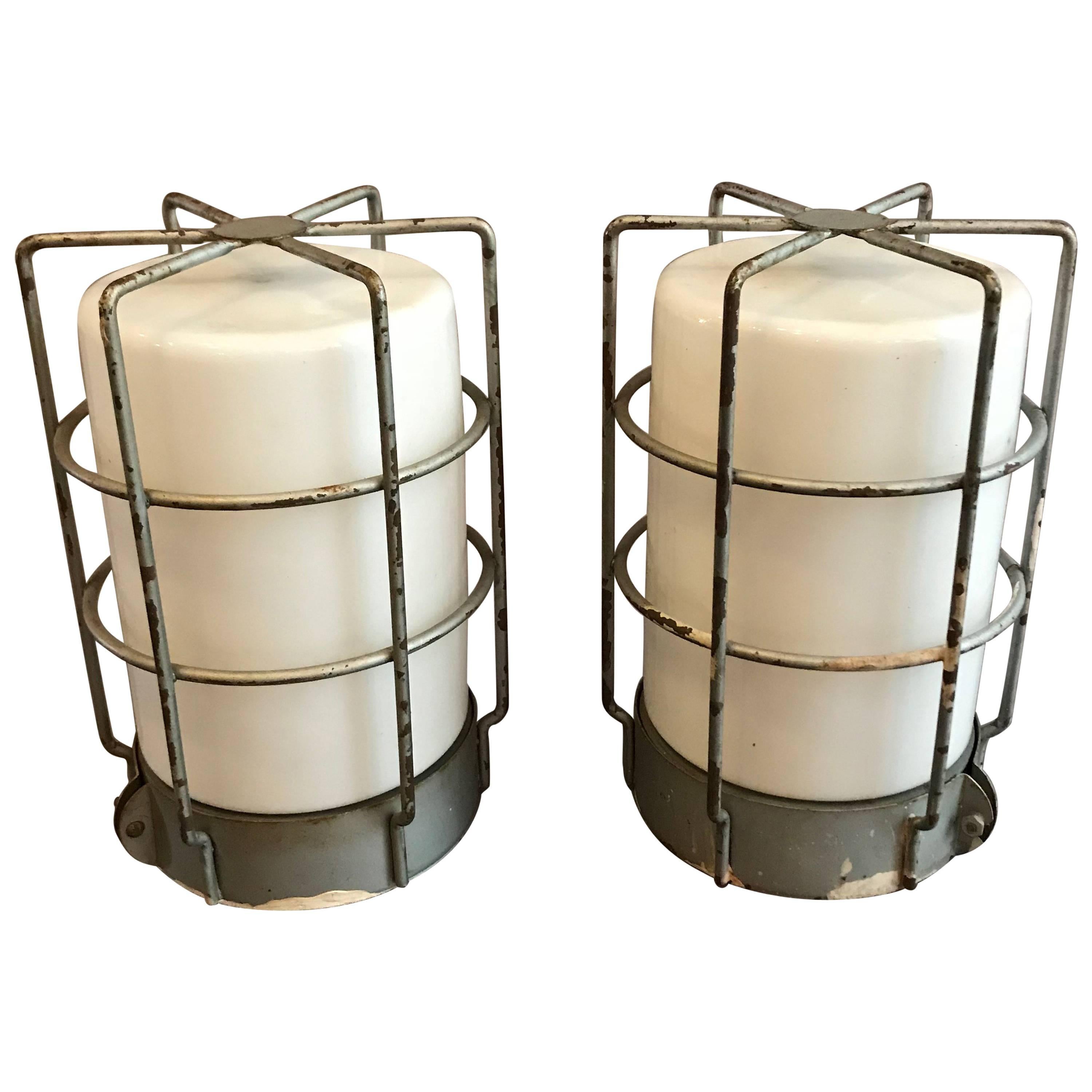 Industrial Caged Milk Glass Wall Sconce Flush Mount Ceiling Lights