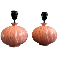 Vintage Pair of Midcentury Pink Ceramic Lotus Petal Table Lamps