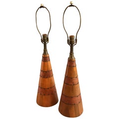 Vintage Pair of Craftsman Oak and Leather Conical Table Lamps