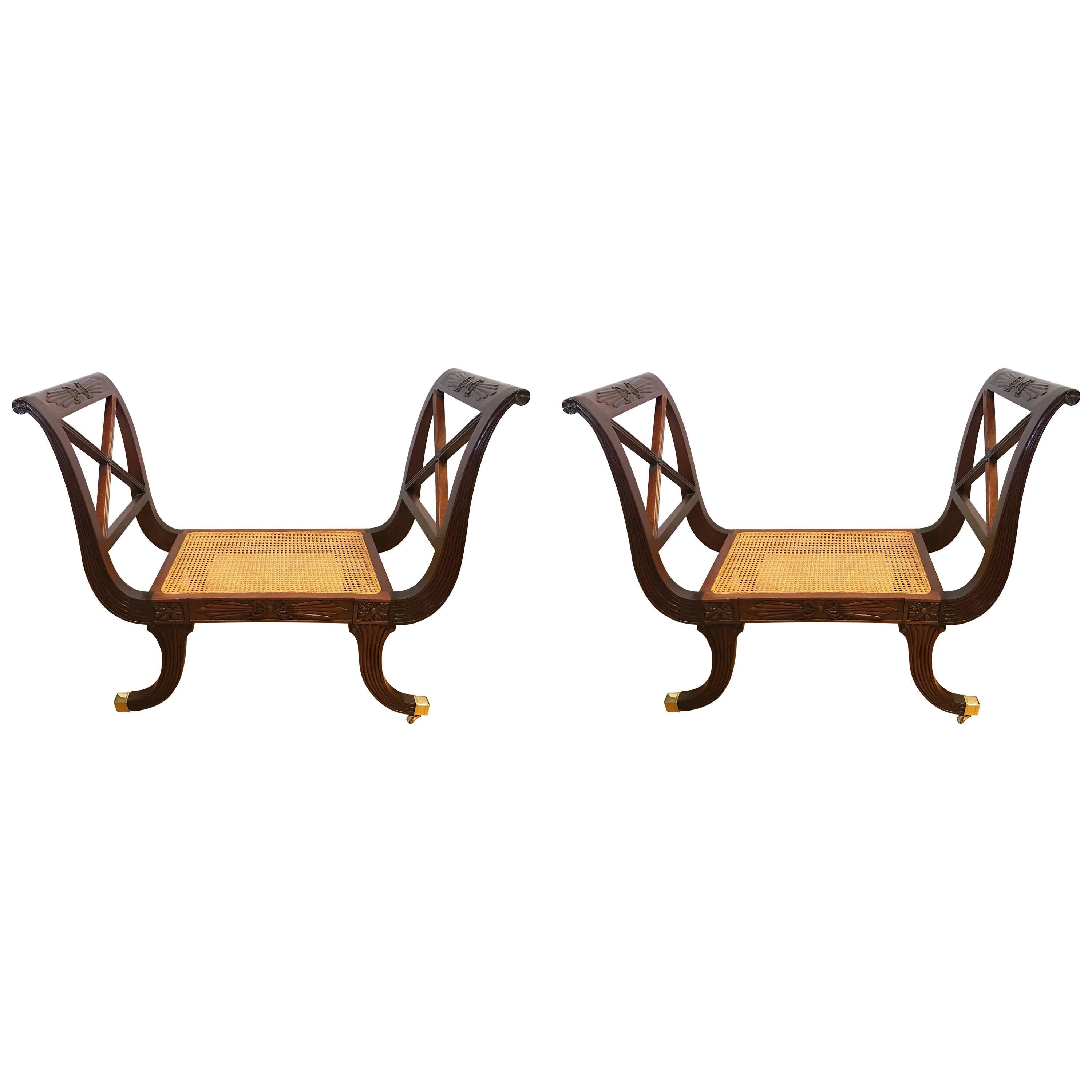 Pair of Neoclassical Carved Mahogany Settees Window Benches with Cane Seats