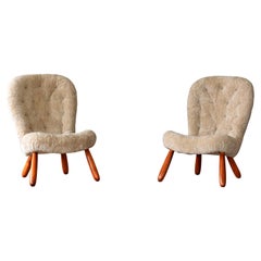 Philip Arctander, Musslinge/Clam Lounge Chairs, Beige Sheepskin, Birch, 1940s