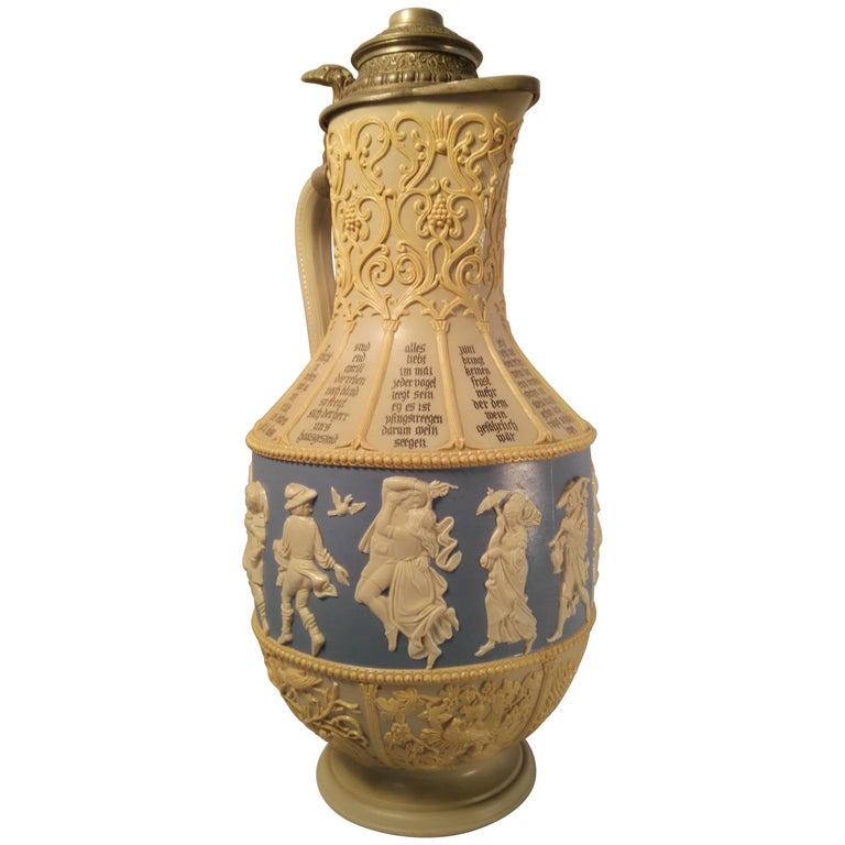 19th Century Villeroy and Boch Stonewear Wine Jug Stonewear Tin Beak