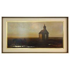 Vintage Russell Frost Oil on Canvas of a Country Church with Horse and Buggy