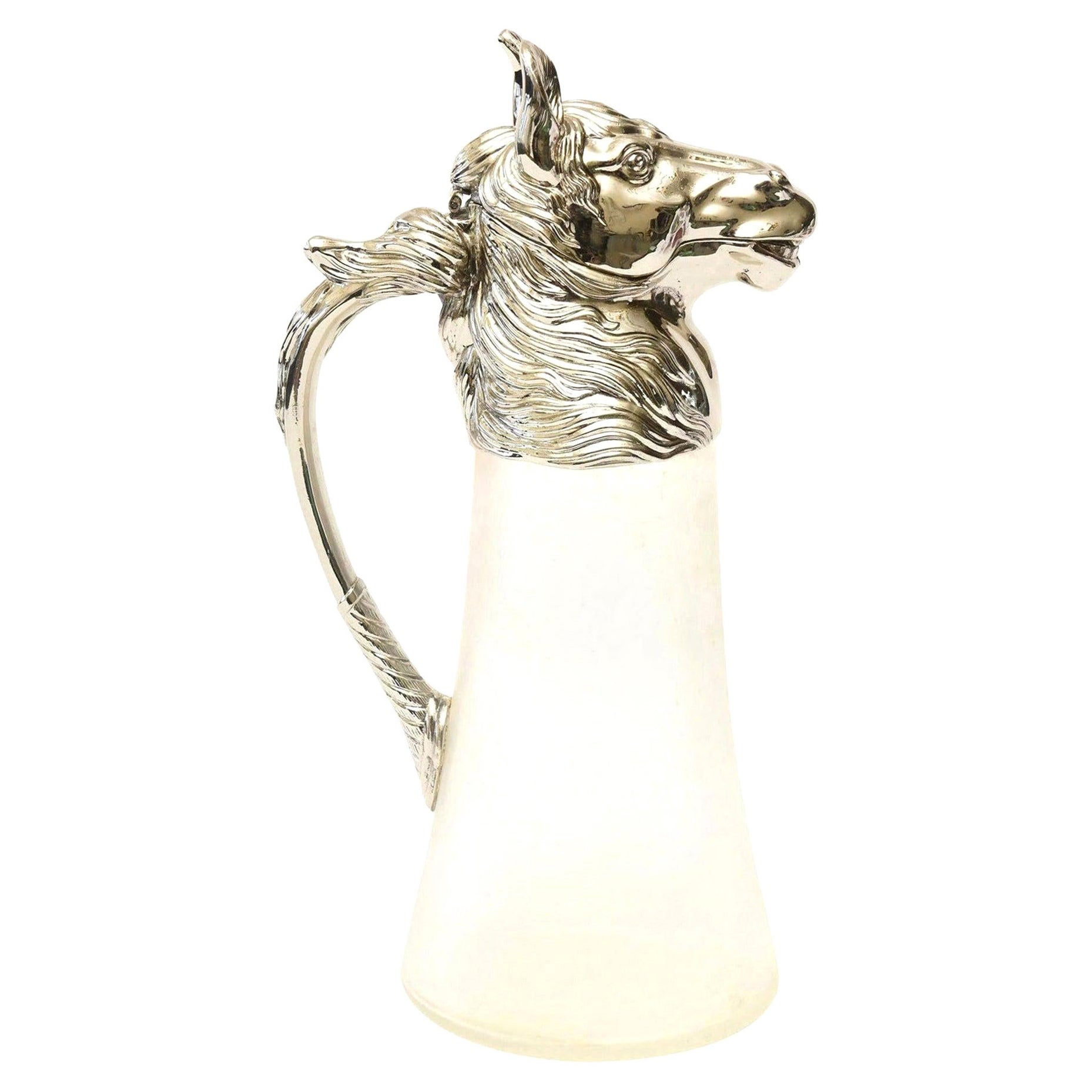 Nickel-Plated and Frosted Glass Horse Decanter Pitcher Barware Vintage For Sale