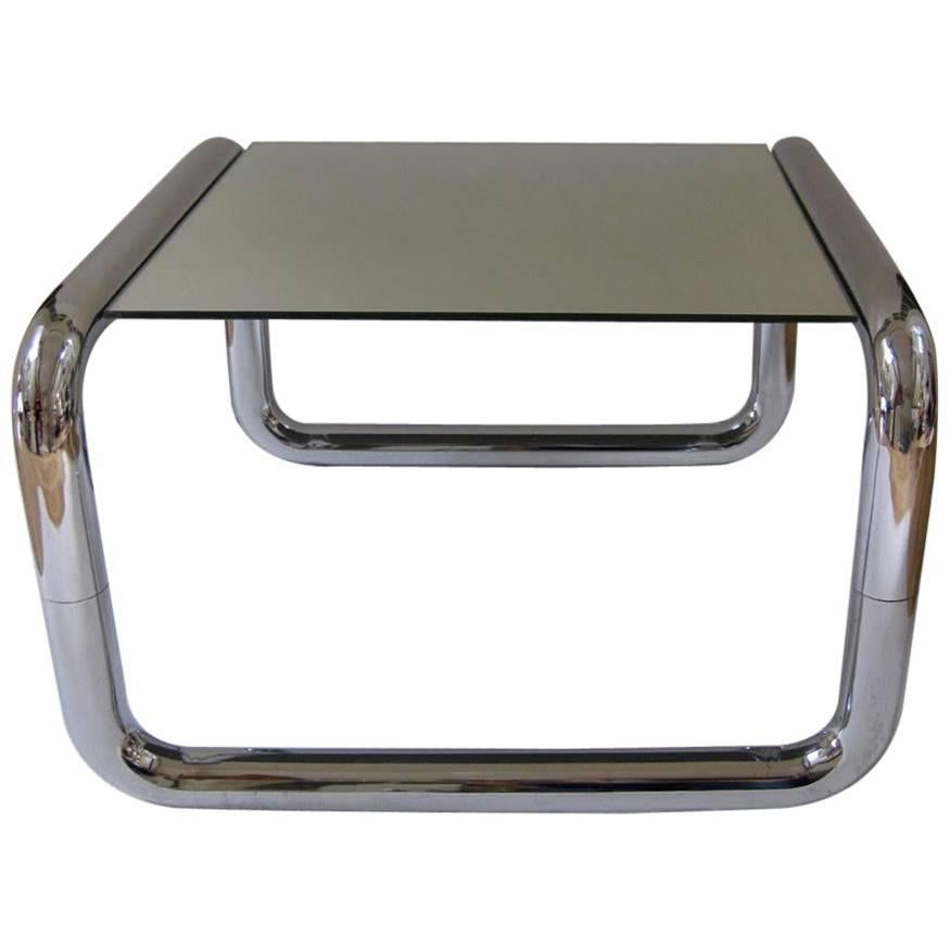 Mid-Century Modern Chromed Tubular Metal Side Table with Floating Mirrored Top