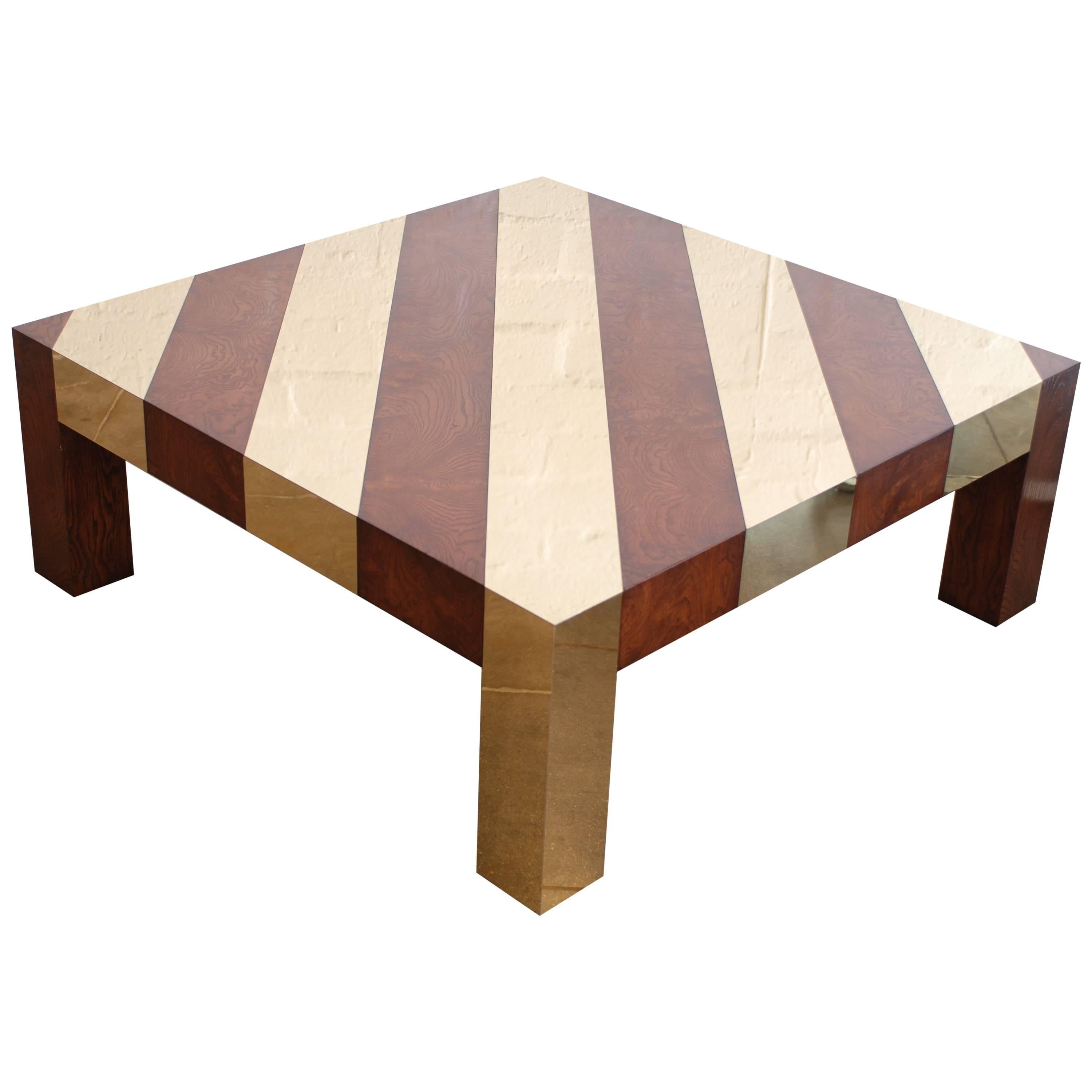 Wood and Brass Inlay 1970s Style Low Square Coffee Table For Sale