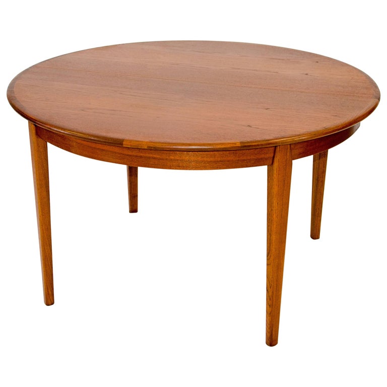 Danish Teak Round Dining Table, Three Leaves with Aprons by H. Sigh and