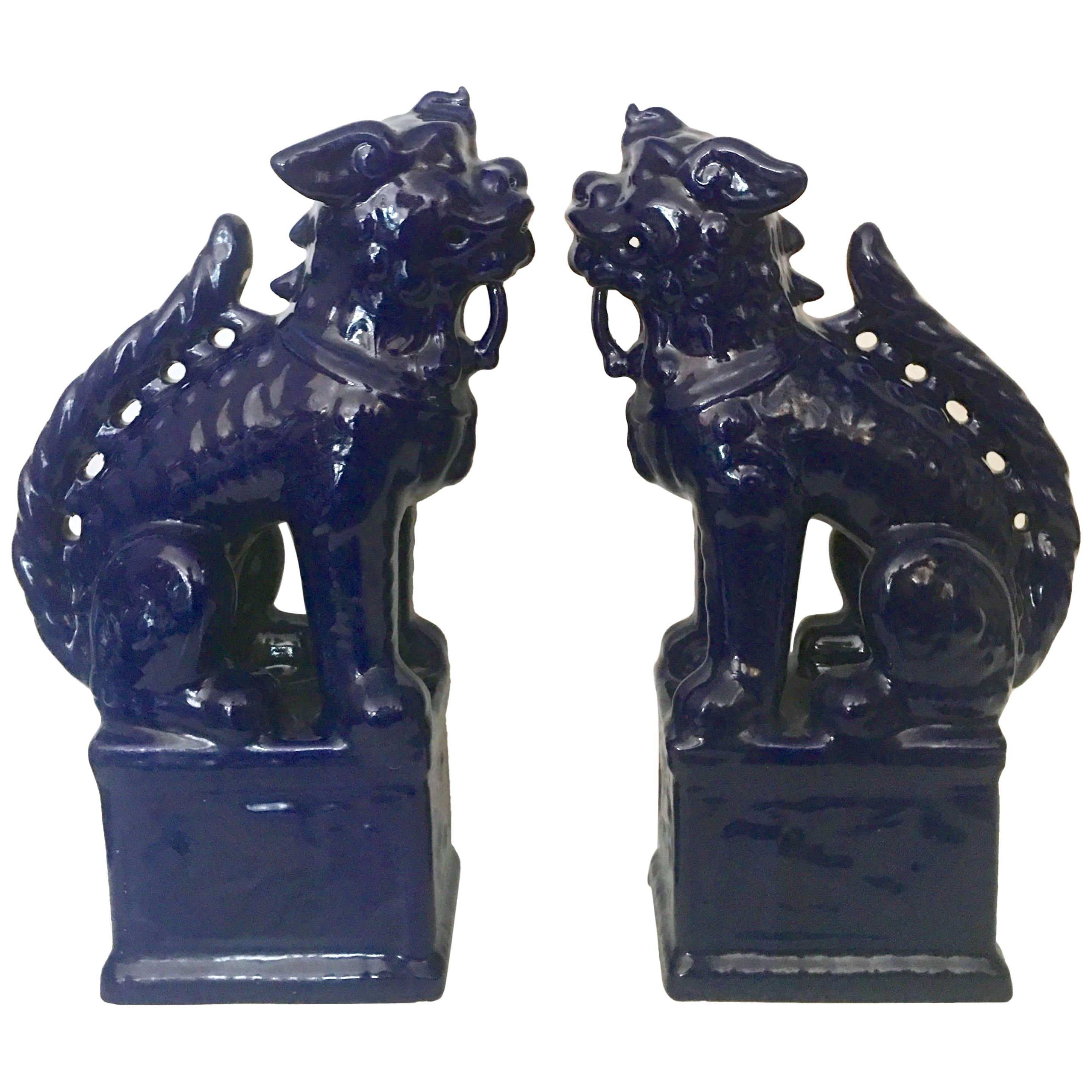 21st Century Pair Of Chinese Ceramic Glaze Cobalt Foo Dog Sculptures For Sale