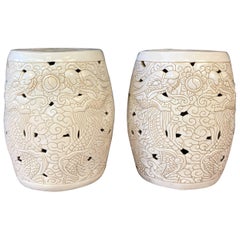 Pair of Retro Chinese Dragon Motif White Ceramic Garden Stools