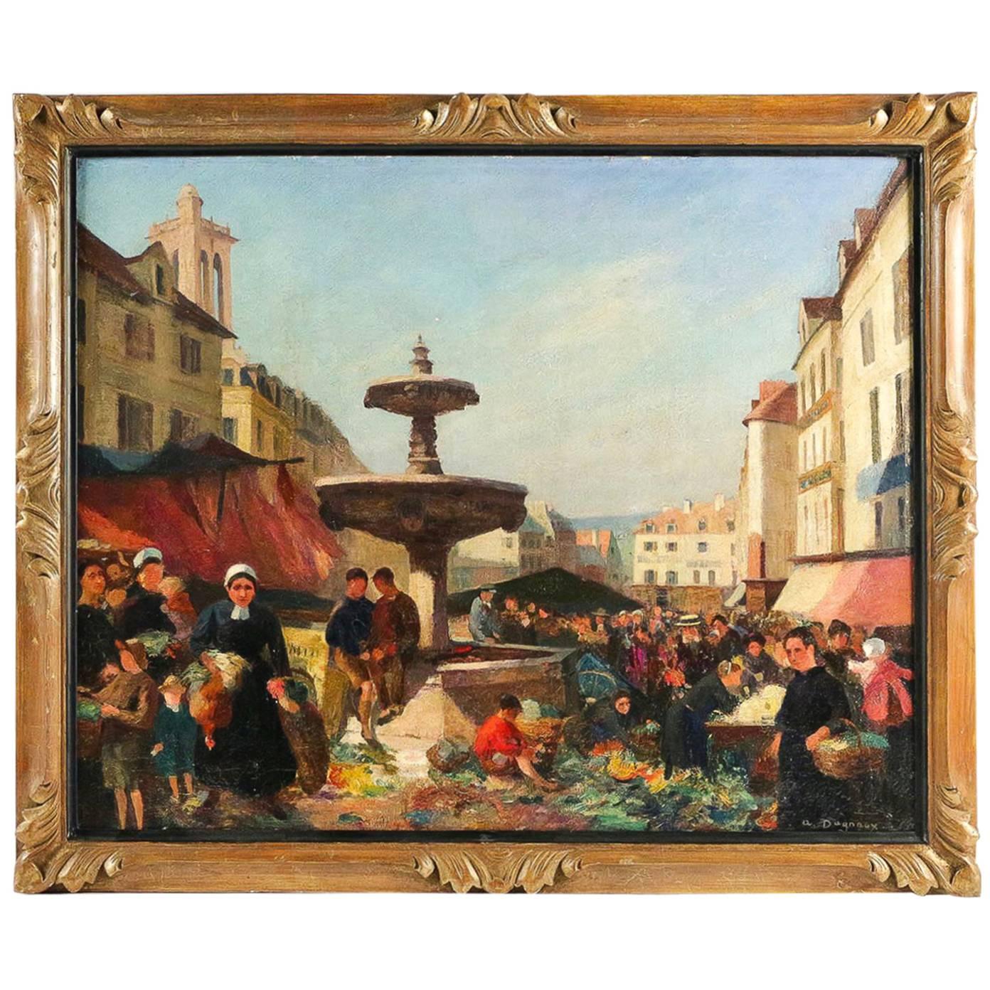 Dagnaux Albert Oil on Canvas Place de l’Hotel de Ville à Mantes la Jolie, 1900 For Sale