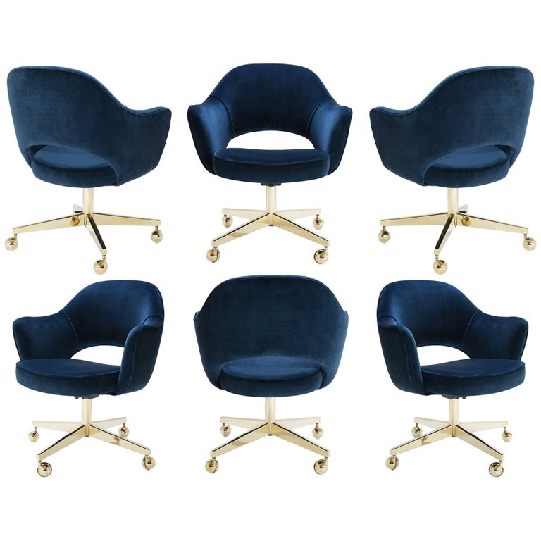 Saarinen Executive Arm Chairs in Navy Velvet, Swivel Base, 24k Gold