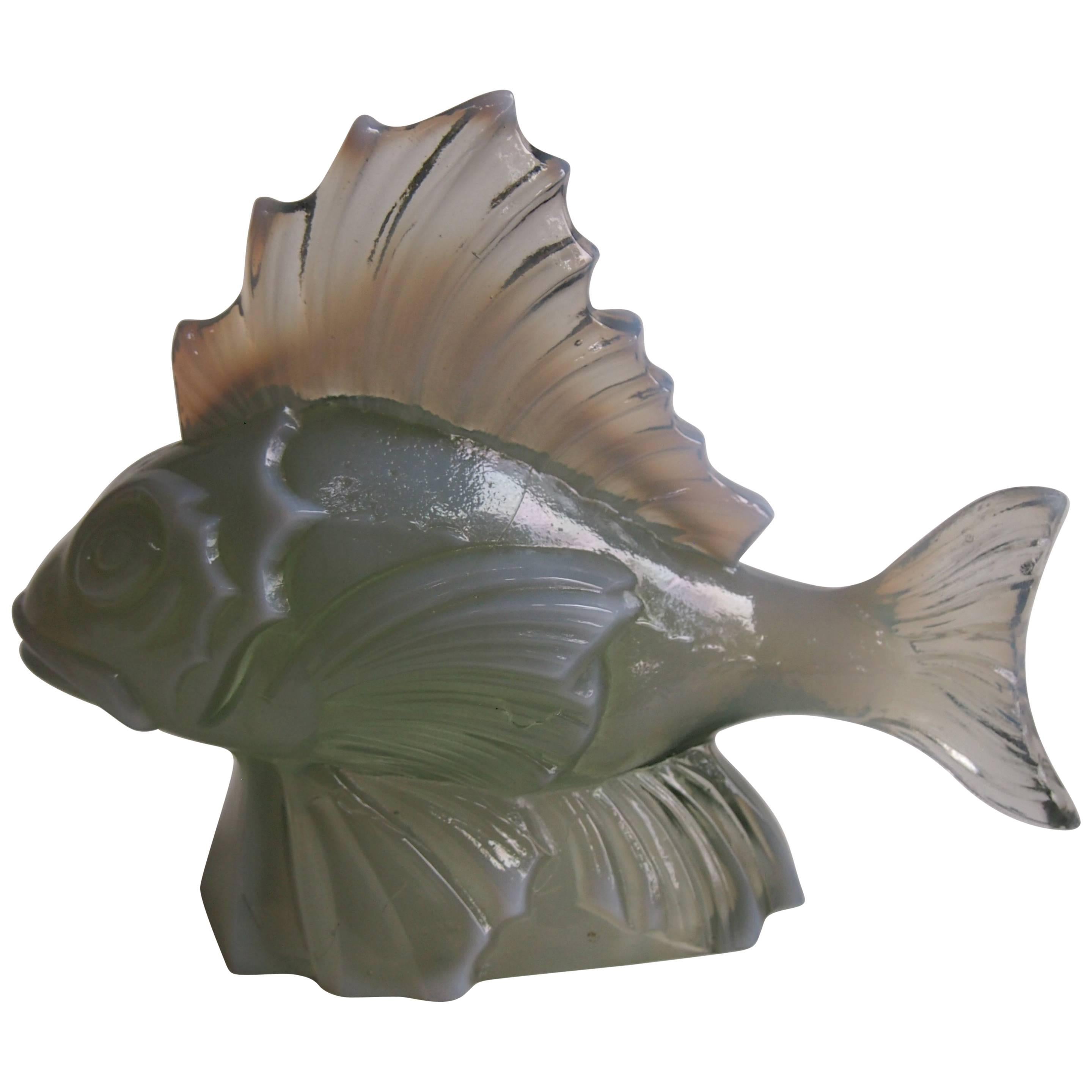 French Art Deco Opal Green Glass Fish Statue by CLA For Sale